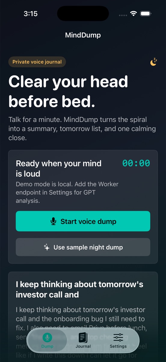 MindDump dump screen with recording controls and a summarized result