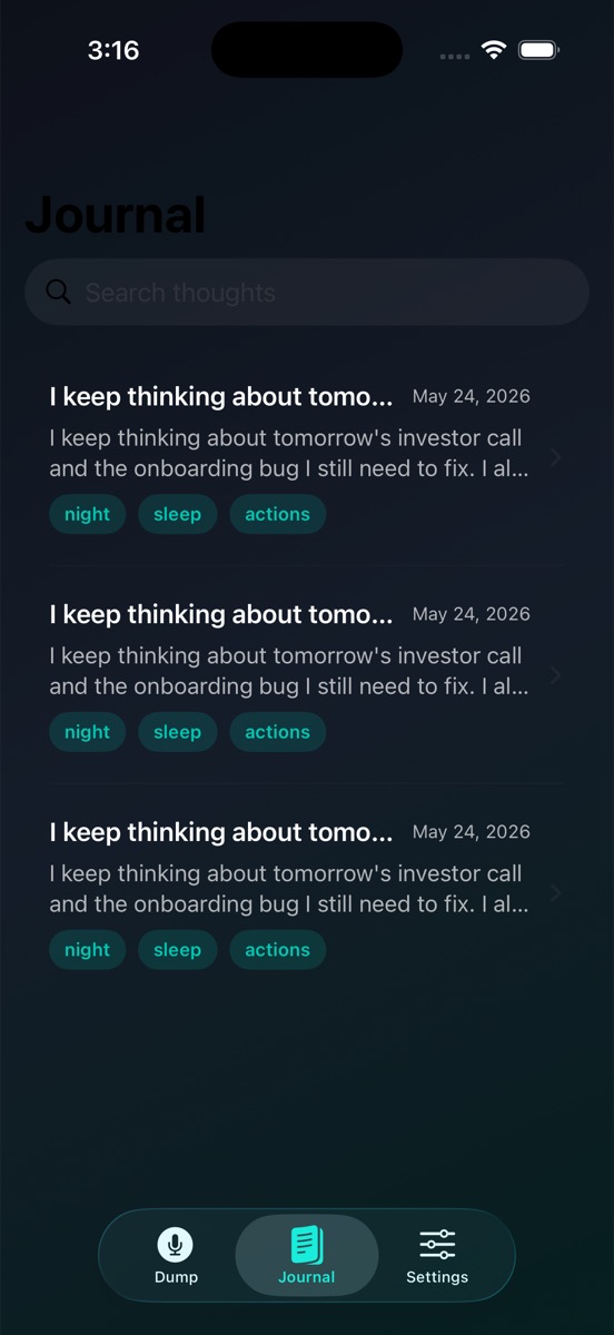 MindDump journal screen showing saved entries and tags