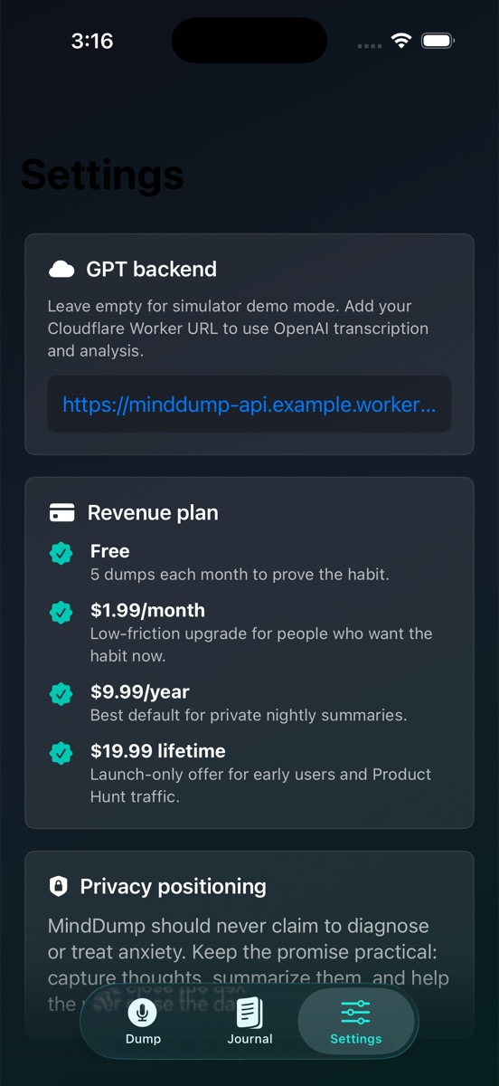Settings screen